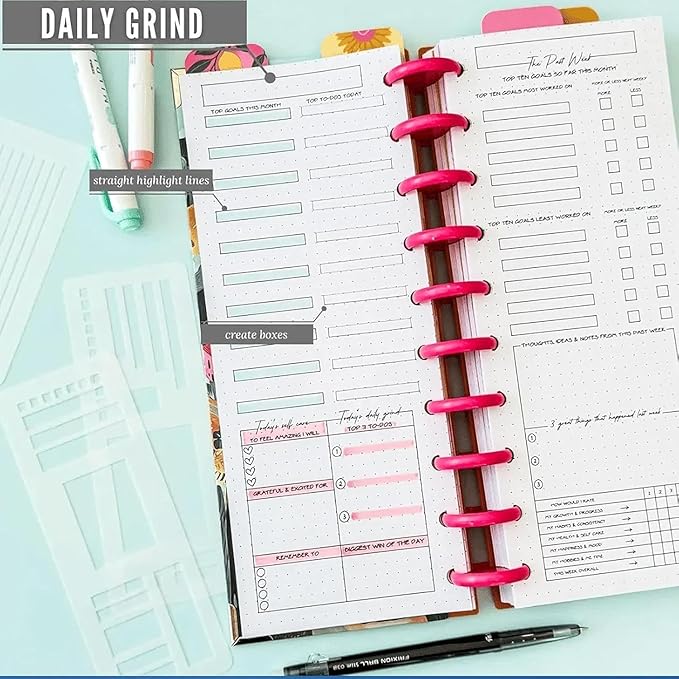 Handmade Flexible Record Template, 3-Pack Planner Stencils Set for Journaling, Habit Trackers, Task Lists & Daily Planning, Compatible with Dot Grid Journals, Coils, Discs & Rings (A)