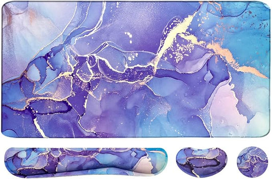 Large Mouse Pad and Keyboard Wrist Rest, Desk Pad for Keyboard and Mouse, 4-in-1 Large Gaming Mouse Pad with Wrist Support - Purple Marble
