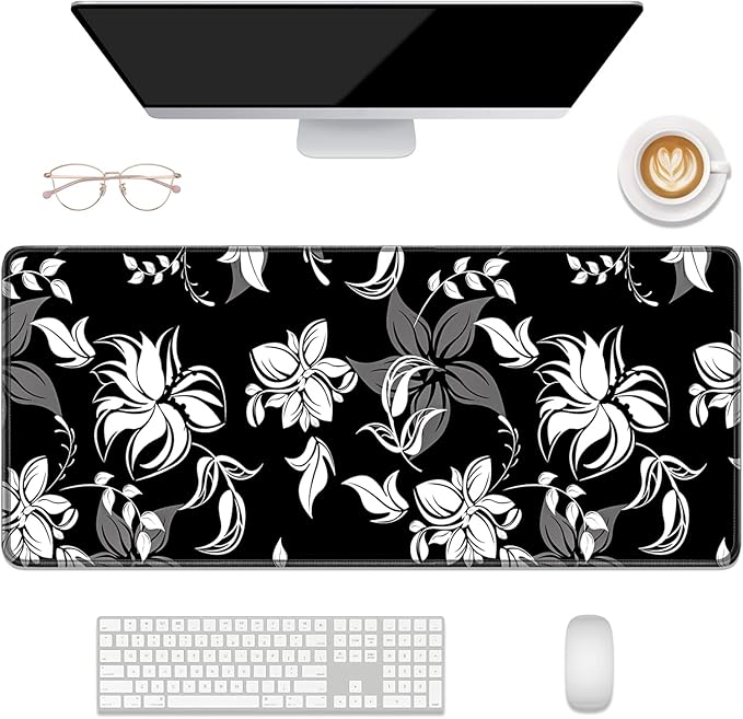 Desk Mat, 32" x 12" XXL Extended Large Gaming Mouse Pad, Desktop Decor Desk Pad, Cute Men Women Office Supplies and Accessories, XL Mouse Mat for Laptop & Keyboard, Black White Flowers