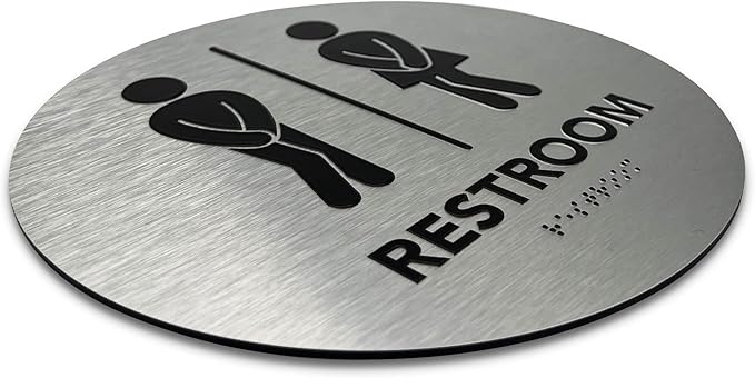 Circle Unisex Boutique Bathroom Sign by GDS - Raised Icons, & Grade 2 Braille - Includes Adhesive Strips for Easy Installation - Bathroom Signs for Business, Restroom Signs for Business, Unisex Bathroom Sign - 9” Diameter (Brushed Aluminum) - Made in USA