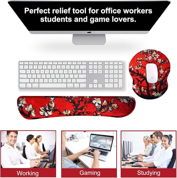 ArtSo Upgraded Wrist Rest Support for Mouse Pad & Keyboard, Ergonomic Gel Mousepad Non-Slip Rubber Base Home,Office Pain Relief, Easy Typing Cushion Neoprene, Soft Memory Foam, Red Van Gogh Painting