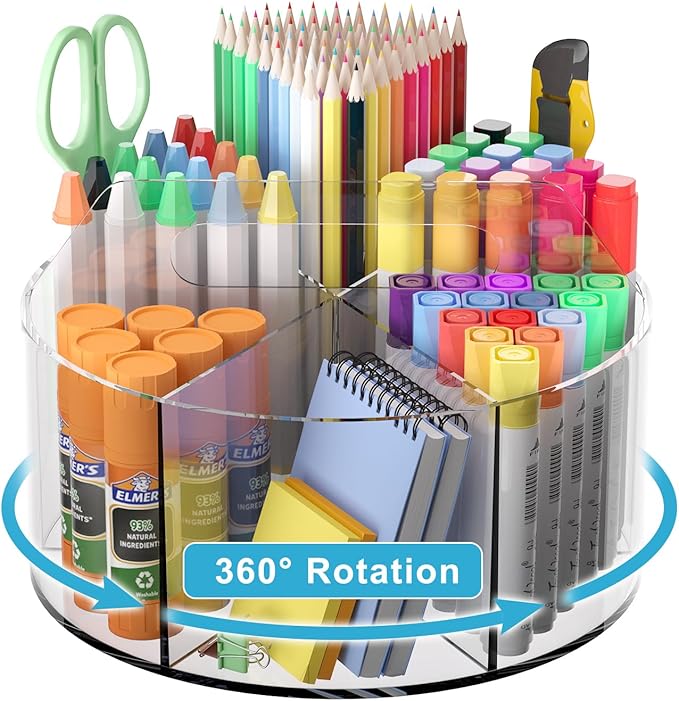 Acrylic Pen Holder for Desks, Acrylic Desk Organizer Clear, 360 Degree Pencil Holder for Desk Kids, Rotating Desk Organizer Rotating Pen Holder for Desk, Art Supply Storage Organizer 6 Compartments