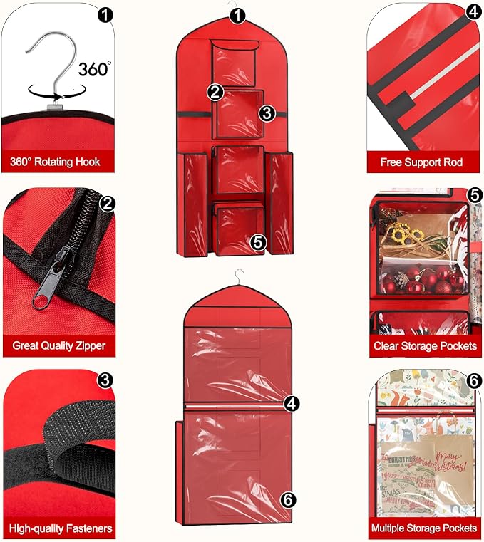 Hanging Gift Wrapping Paper Storage, 48x24 (Extra Large) Red Double-Sided Christmas Wrapper Bag Container, Oxford Long Craft Roll Organizer, Present Wrap Holder for Closet, Door