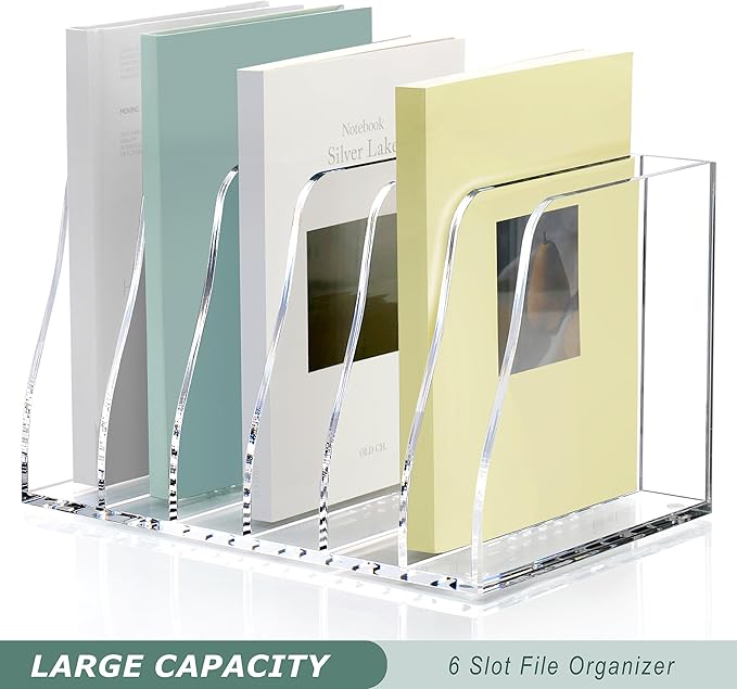 SANRUI Acrylic Magazine File Holder, 6 Vertical Compartments Desk Document Sorter Organizer, Clear Folder Rack Binder Bookstore Workspace Sorters for Office Accessories Organization Storage