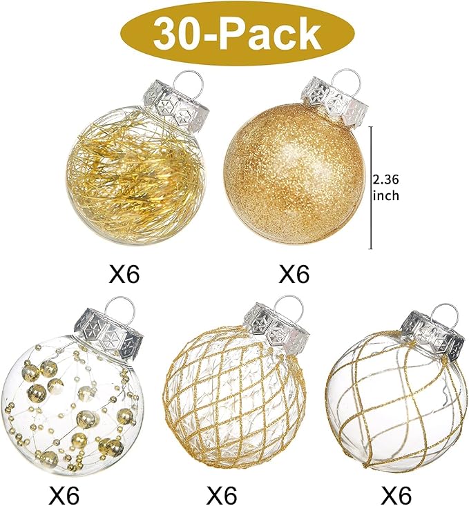 Clear Christmas Ball Ornaments, 30ct 2.36" Gold Shatterproof Xmas Ball Decorations Set Decorative Hanging Ornaments for Christmas Tree Home Office Decor Gift for Christmas Party Wedding