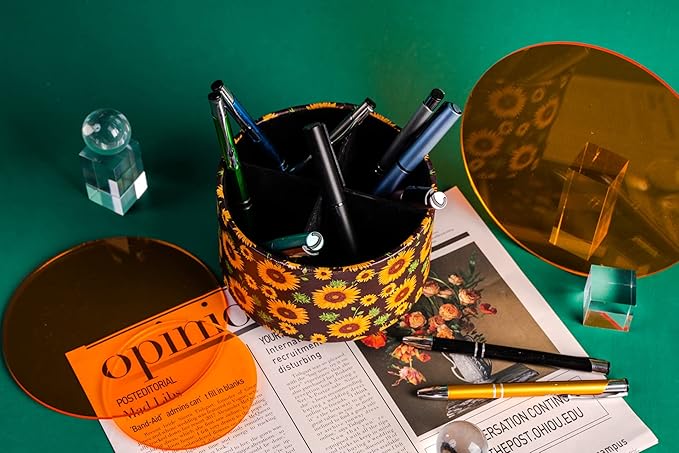 Hennaja Round Leather Art Supply Organizer,Remote Control Holder,360 Degree Rotating,Multi-Functional Pencil Holder,4 Compartments Desktop Stationary Organizer(1-Sunflower)