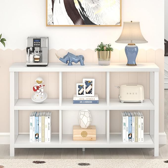 FOLUBAN Horizontal Bookshelf, 6 Cube Storage Organizer with Shelf, Modern Wood and Metal Cubby Bookcase for Bedroom Living Room, White Oak, 47 Inch