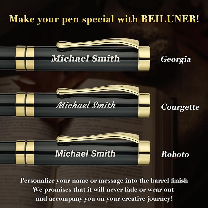 BEILUNER Personalized Ballpoint Pens, Stunning Black Chrome Metal Pen with Golden Trim, Best Ball Pen Gift Set for Men & Women, Executive, Office, Nice Pens-Gift Box with 0.5mm Black Extra Refill