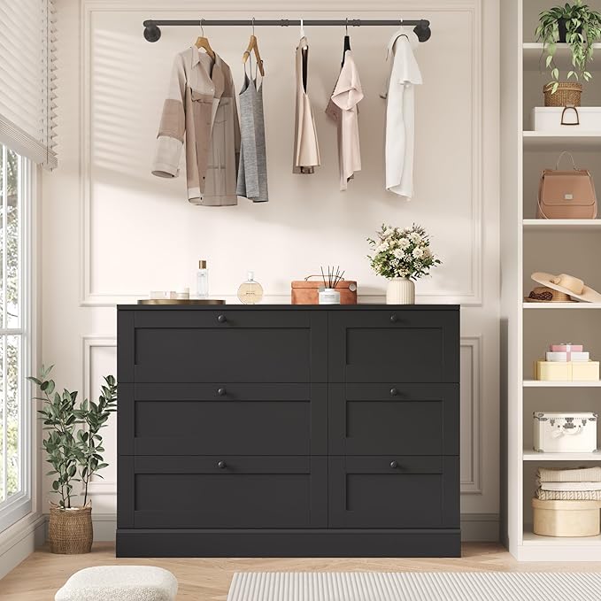 HOSTACK 6 Drawer Dresser, Dresser for Bedroom, Wood Wide Chest of Drawers, Modern Drawer Chest for Living Room, Entryway, Hallway, Black