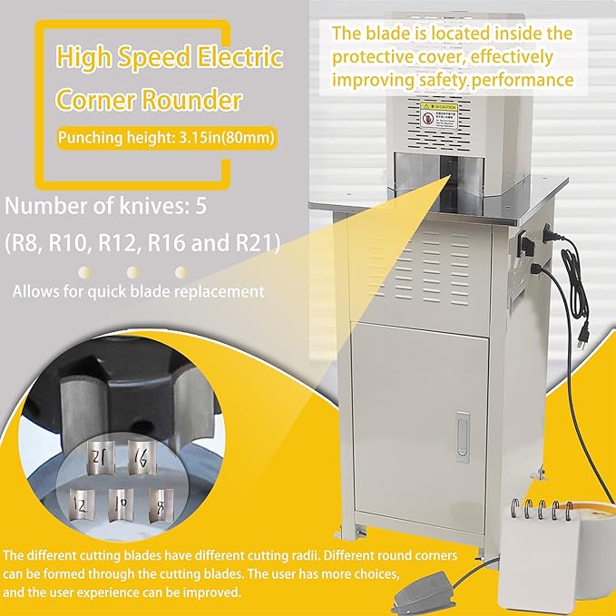 Electric Round Corner Cutter Machine with 5 Blades (8/10/12/16/21mm Radius) Foot Pedal Operation Safety Guard Heavy Duty Paper Corner Rounder for Paper Cardstock Leather Plastic
