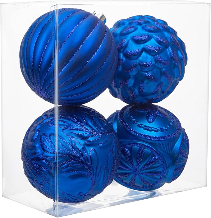 Hollyone 4.7 Inch Large Blue Christmas Ornaments 4Pcs Shatterproof for Xmas Tree Decor with Hook