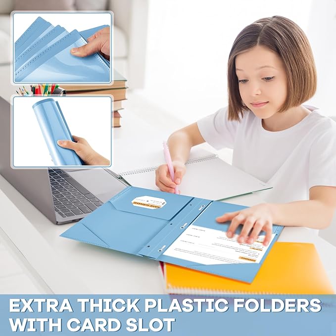 Henoyso 36 Pcs Plastic Folder with Clear Front Pocket and 3 Prong Plastic Folders with Card Slot Pocket Folders with Prongs for School Office (Haze Blue)