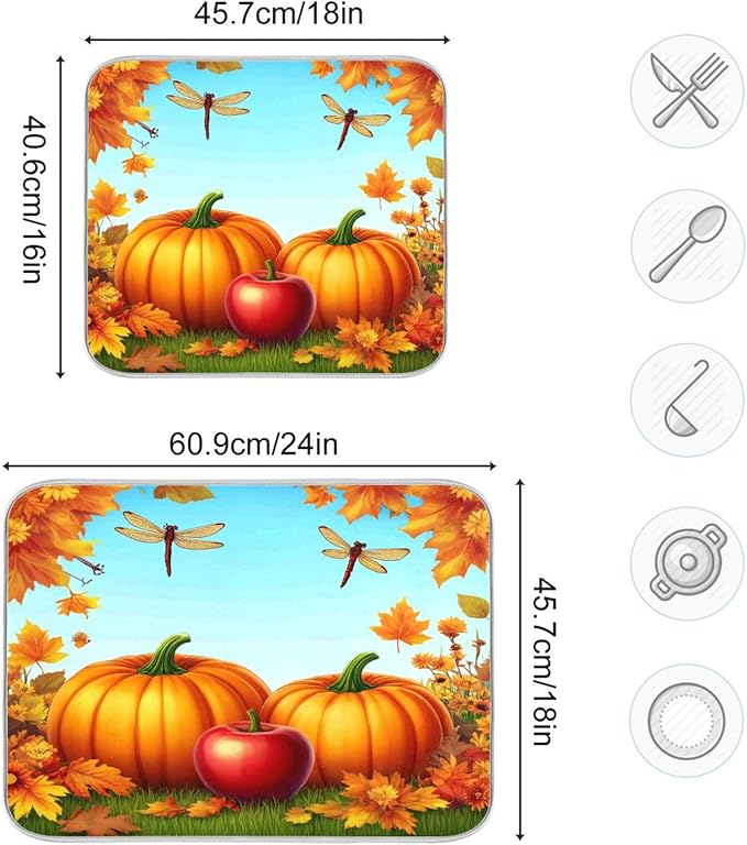Autumn Thanksgiving Day Pumpkins Maple Dish Drying Mat for Kitchen Counter 18 x 24 Inch Flowers Dragonfly Leaves Dry Dishes Pads Mats Absorbent Countertops Counter Tableware Mat Protector Home Decor