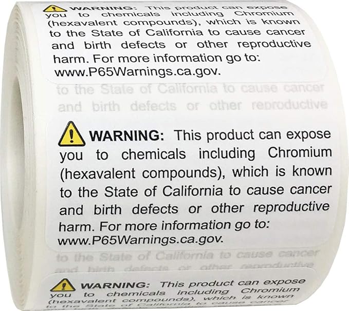 California Proposition 65 Exposure to Chromium Warning Labels 1 x 2 inch 500 Adhesive Stickers
