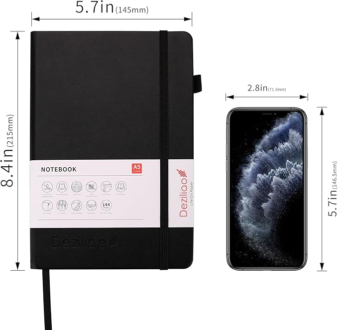 Deziliao Lined Journal Notebooks with Pen Loop, Hardcover Notebook Journal for Work, 100Gsm Premium Thick Paper with Inner Pocket, Medium 5.7"x8.4", （Black, Ruled）