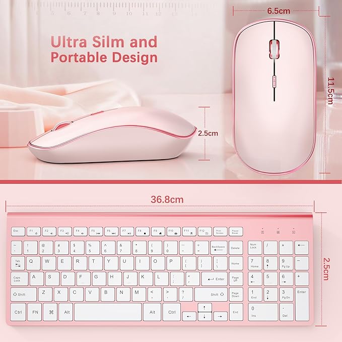 Wireless Keyboard and Mouse,2.4G Full Size and Portable Wireless Keyboard with Numeric Keyboard or Computer/Desktop/Laptop/Windows 10/8/7 -Pink