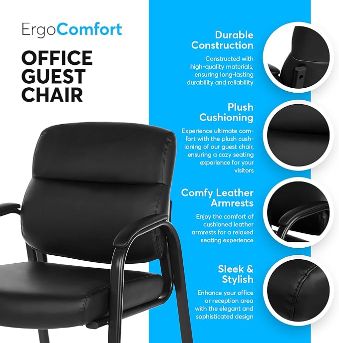Oline Leather Guest Chair with Padded Arms, Reception Meeting Conference Waiting Room Lobby Home Desk Big and Tall Executive Office Chair, Black (4 Pack)
