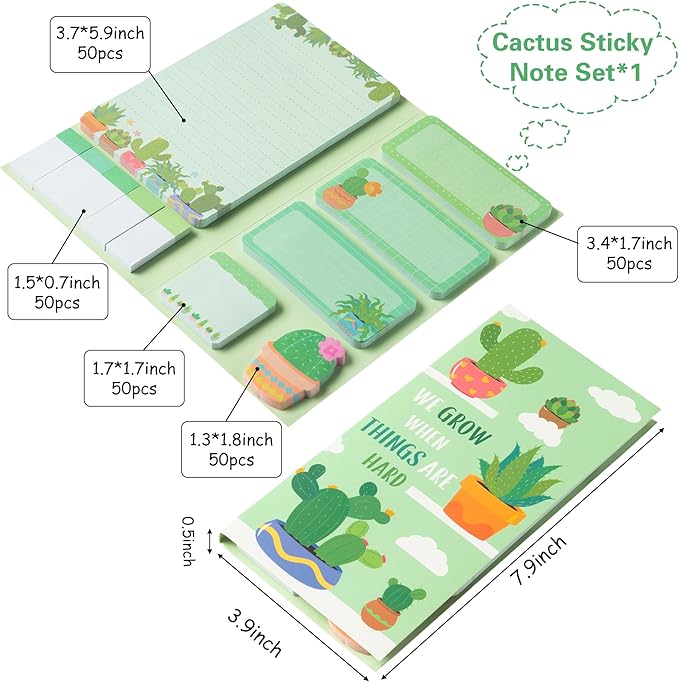 Xqumoi We Grow When Things are Hard Sticky Notes Set, 550 Sheets, Cute Cactus Shaped Self-Stick Notes Pads Plant Divider Tabs Bundle Writing Memo Pads Back to School Office Supplies Small Gift