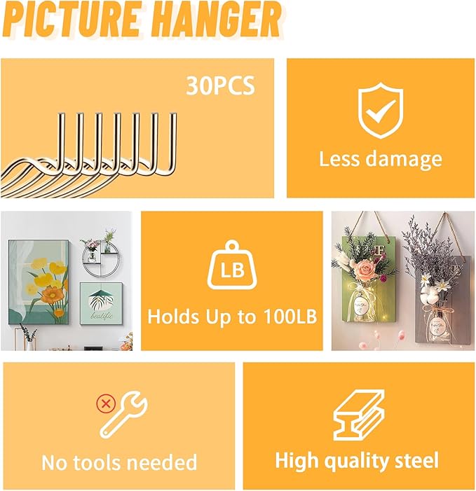 20pcs Aeneous Super Hook Picture Hangers and Office Pack, Drywall Hooks for Hanging Pictures, Wall Hooks, Picture Hangers, Picture Hanging Kit，Hang Art, Clock, Shelves, Mirrors