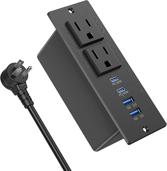 Recessed Power Strip Fast Charging Station 2 PD 65W USB C, Flush Mount Countertop Drawer Outlet, Furniture Hidden Charging Station for Side Table, End Table,2 AC Outlets (Black, 6 FT Cable)