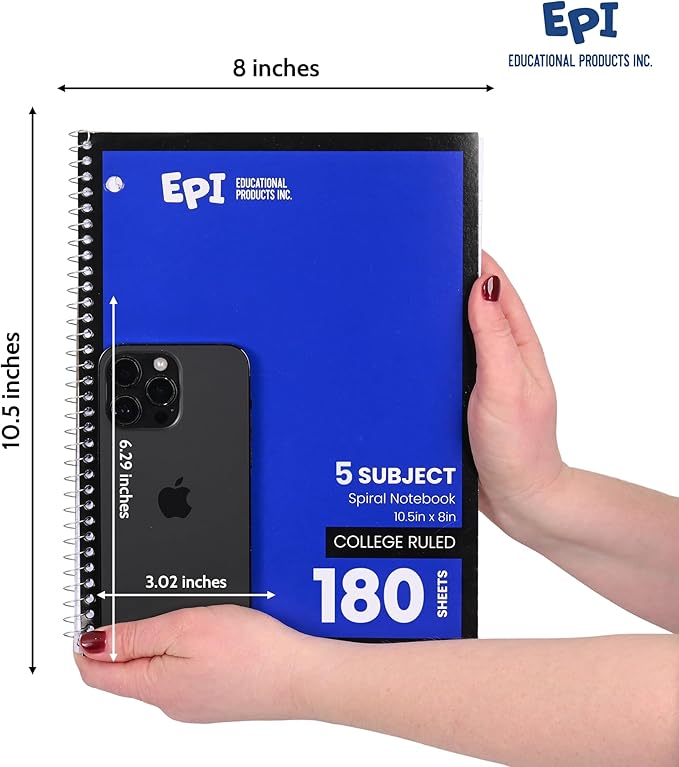 EPI Spiral Notebook | 5 Subject - College Ruled - 180 Sheets, Durable Spiral Binding | 10.5 x 8 in | Classroom Supplies | School, Office, Note Taking, Journaling - 6 Pack