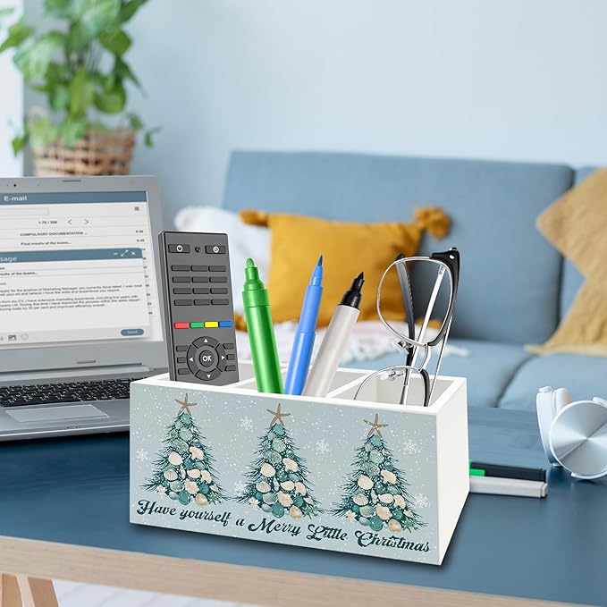 Coastal Beach Christmas Pen Pencil Holder Organizer for Desk, Christmas Seashell Starfish Tree Holiday Wooden Box Signs Decorations for Home Office Desk Tabletop, Beach House Decor