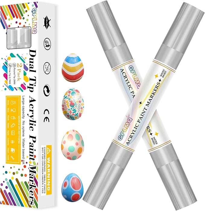 Paint Markers Paint Pens - 2 Pack Dual Tip Acrylic Permanent Marker (0.7mm & 3mm), Non-Toxic, Water-Based for Art Painting, Stone, Ceramic, Glass, Wood, Fabric, Metal, DIY Crafts (Silver)