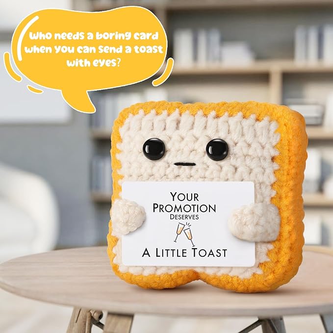 Crochet Toast Promotion Gifts – Handmade Congratulations Plush - Funny Career Change New Title Gift for Coworker, Friend, Son, Daughter, Boss, Manager, Employee – Small Office Decor for Desk