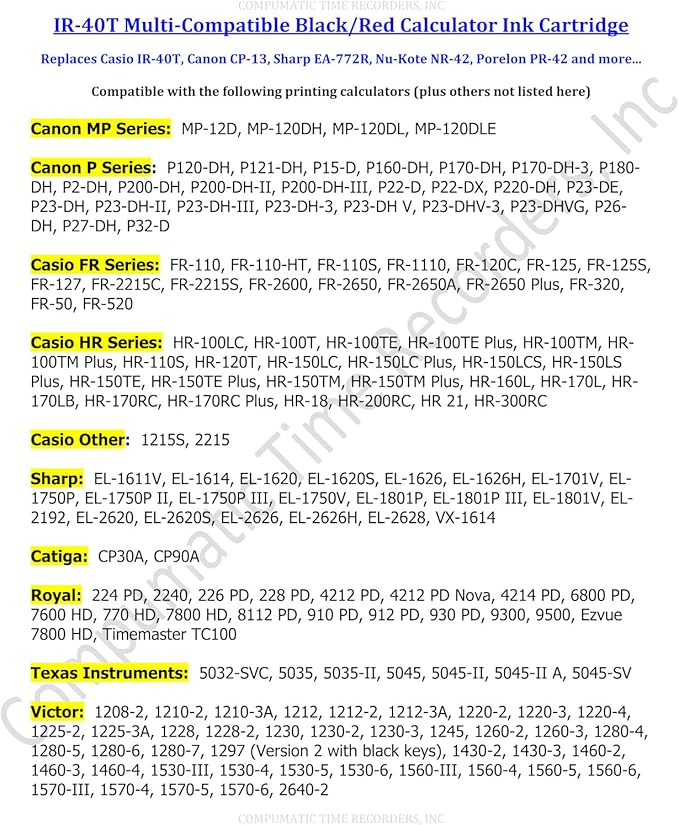 (6 Pack) Calculator Ink Roller Fits Sharp EL-1801V EL-1750V EL-1611V Casio HR-170RC HR-200RC HR-300RC Canon P23-DHV-3 and More Black/Red IR-40T CP-13 EA-772R Compatible/Replacement by COMPUMATIC