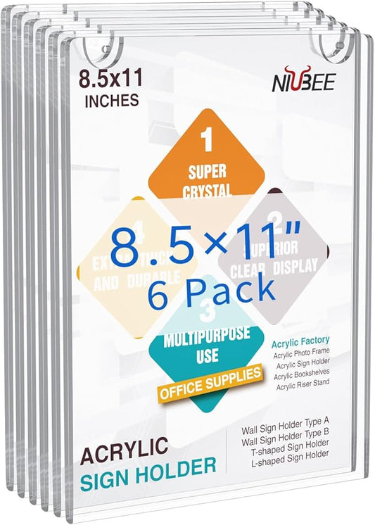 NIUBEE 10 Pack Acrylic Sign Holder 8.5 x 11 inches Clear Wall Mount Frame Bonus , Wall Mount Plastic Sign Holder Perfect for Home, Office, Store, Restaurant- Vertical