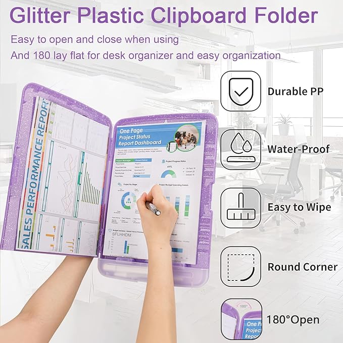Glitter Clipboard with Storage,Storage Clipboard with Pen Holder,A4 Binder Clip Boards 8.5x11 with Low Profile Clip,Side Opening Sparkle Clipboards, Clipboards Folder for Office Supplies-Pale Purple