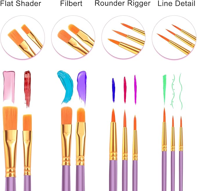 ESRICH Paint Brush Set,6 Packs 60 Pcs Nylon Hair Paint Brushes for Acrylic Painting,Artist Paintbrushes for Acrylic,Oil,Watercolor Painting,Face Nail Art,Paint Brushes for Kids,Purple