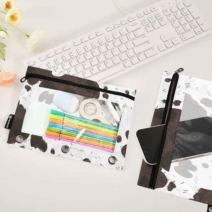 ZAZYXTJ Cow Print Binder Pencil Pouchs 3 Ring with Zipper Clear Window Office Organizers bag for School Students Teacher Supplies 2 Pack