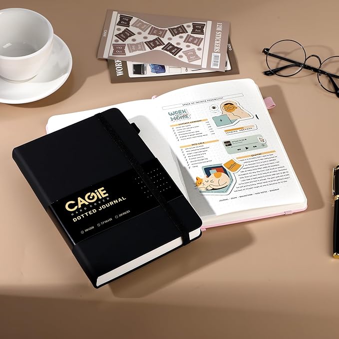 CAGIE Bullet Dotted Journal Notebook 320 Pages 100 GSM Paper Hardcover B5 Dot Grid Notebook Leather Journals for Writing Women Men Work Journaling, Black