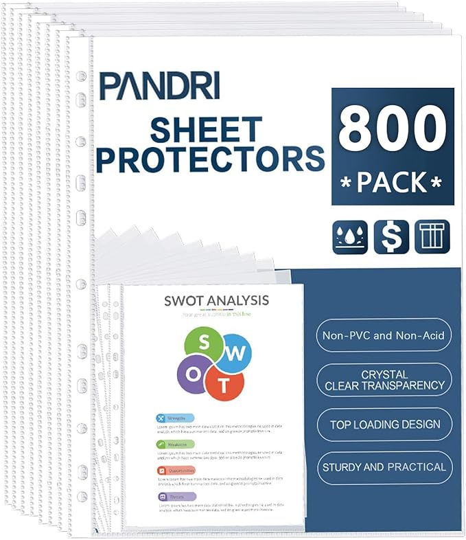 Sheet Protectors, PANDRI 800 Pack Clear Heavy Duty Plastic Page Protectors Sheet Reinforced 11-Hole Fit for 3 Ring Binder Fits Standard 8.5 x 11 Paper, 9.25 x 11.25 Top Loaded, Excluding Acid