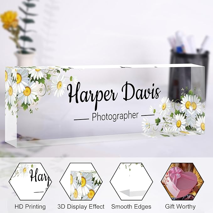 Custom Name Plate for Desk, Personalized Acrylic Office Name Sign with Name & Title, Elegant Desk Decor for Women Men, Employee Appreciation Gift (Sunflower)