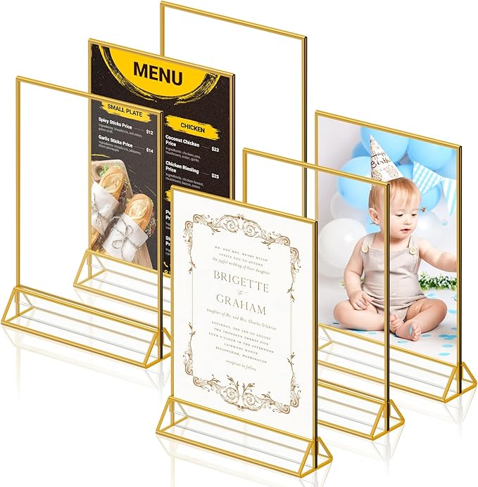 6 Pack Acrylic Sign Holder 8.5X11 Gold Picture Frames Double-Sided Display Stand Clear Acrylic Frame for Menu Holder Wedding Table Number Holder Photo Frames