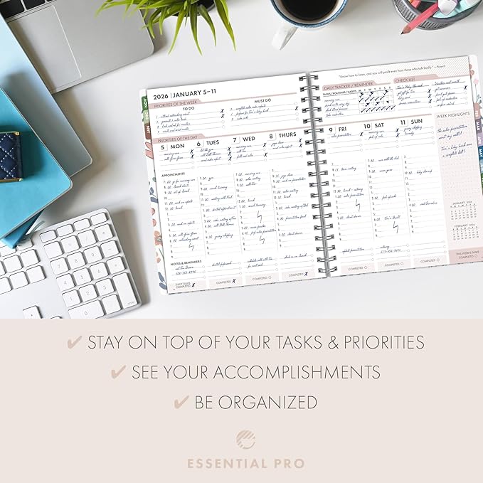 Essential PRO 2026 Daily, Weekly & Monthly Planner, 7"x9": 14 Months (Nov 2025 - Dec 2026) Monthly Tabs,Daily Tracking,Notes Pages,Storage Pocket,Bookmark w Sticky Notes (Colorful Botanicals)