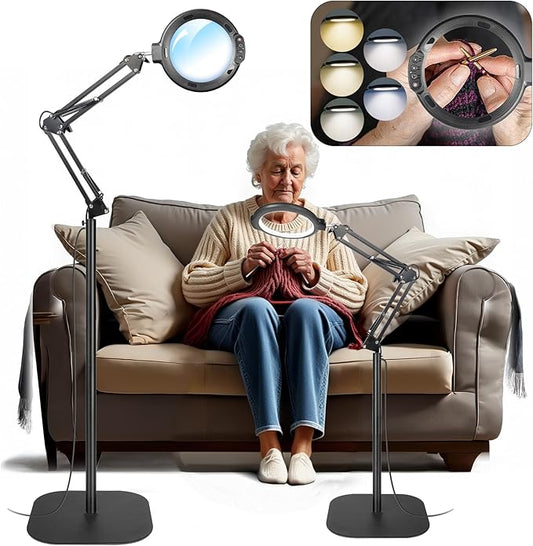 12X Floor Magnifying Glass with Light and Stand, 5.2" Large Floor Lamp Magnifier with 5 Color Modes 10 Dimmable Brightness, Hands Free Lighted Magnifying Glass with Clamp for Close Work Sewing (Black)