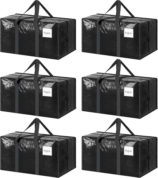 6 Pack Extra Heavy Duty Large Moving Bags with Strong Zipper & Comfortable Handles, Sturdy & Durable Clothes Storage Bags Totes Bins, Packing Moving Boxes for College Supplies, Black