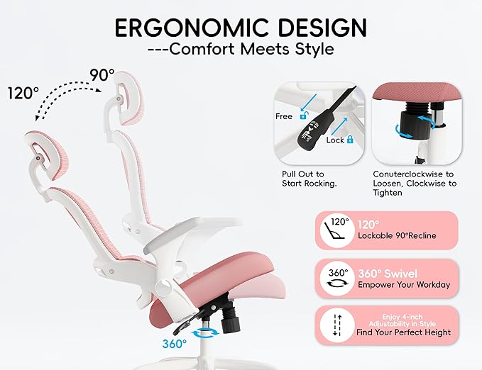 TRALT Office Chair - Ergonomic Office Chair with Back Support, Computer Chair - Home Office Desk Chairs, 330lbs Wide Seat Big and Tall Office Chairs with Headrest, Comfy Desk Chairs (Pink)