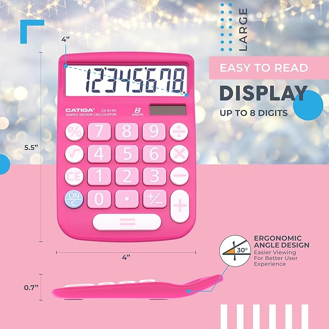 CATIGA Desktop Calculator 8 Digit with Solar Power and Easy to Read LCD Display, Big Buttons, for Home, Office, School, Class and Business, 4 Function Small Basic Calculators for Desk, CD-8185