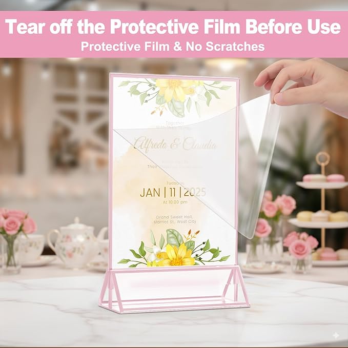 EHWINE 12 Pack Acrylic Sign Holder 4 x 6, Double-Sided Stand up Table Top Sign Holders, Pink Acrylic Picture Frame Menu Flyer Paper Holder Display Stand for Office Business Store Wedding Party