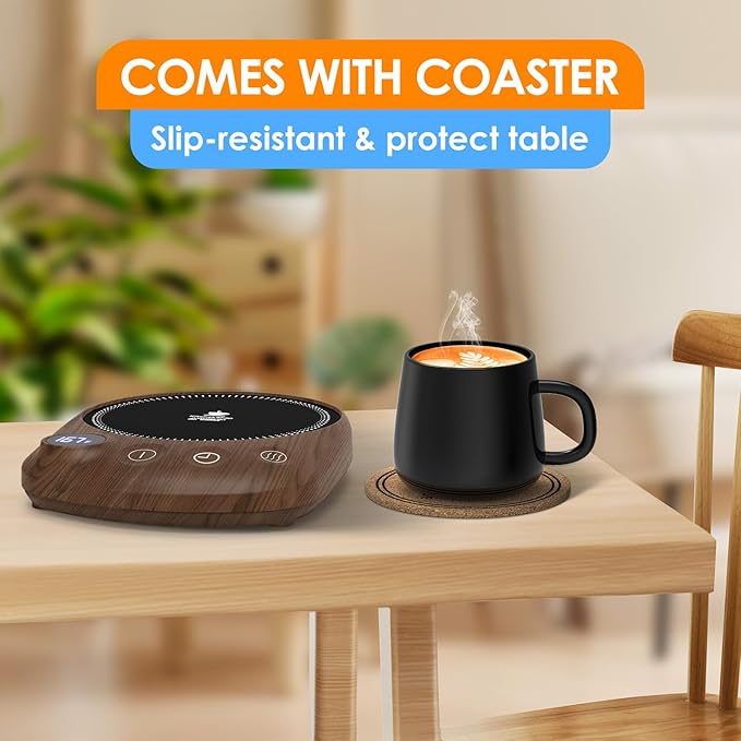 Coffee Mug Warmer - Fastest Heating & Highest Temperature, Coffee Cup Warmer for Desk Auto Shut Off, 4 Temp Settings & 1-12H Timer, Smart Electric Beverage Warmer for Coffee, Tea (Wood)