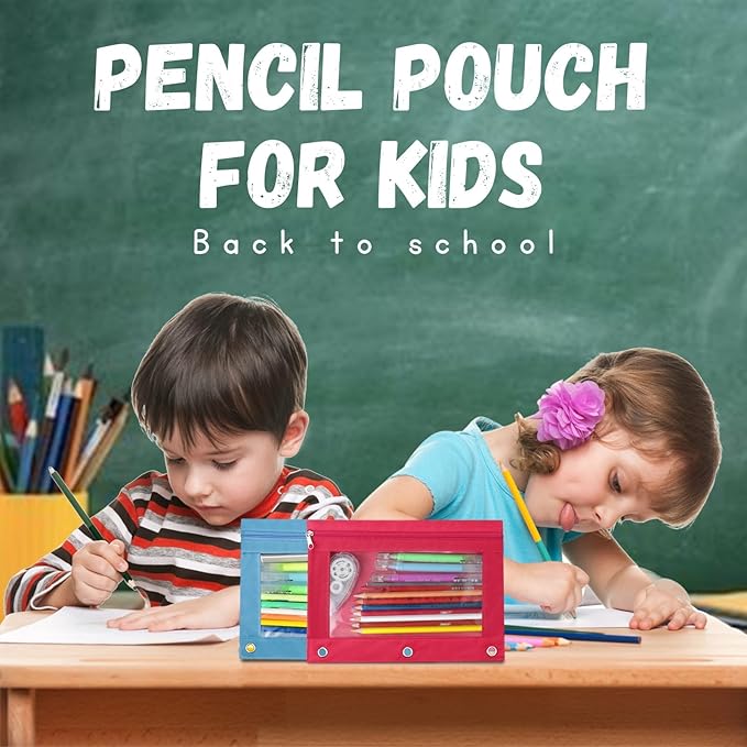 Back To School Bus Zippered Pencil Pouch for 3 Ring Binder, Cute Pen Pencil Bags Case With Clear Window Blue 2 Pack