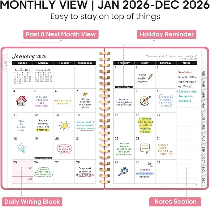 2026 Planner, Weekly and Monthly Calendar Planner Book, January 2026 - December 2026, Hardcover Spiral Planner with Monthly Tabs, Notes Pages, Perfect for Women & Men, A5 (6.4" x 8.5") - Rose Red