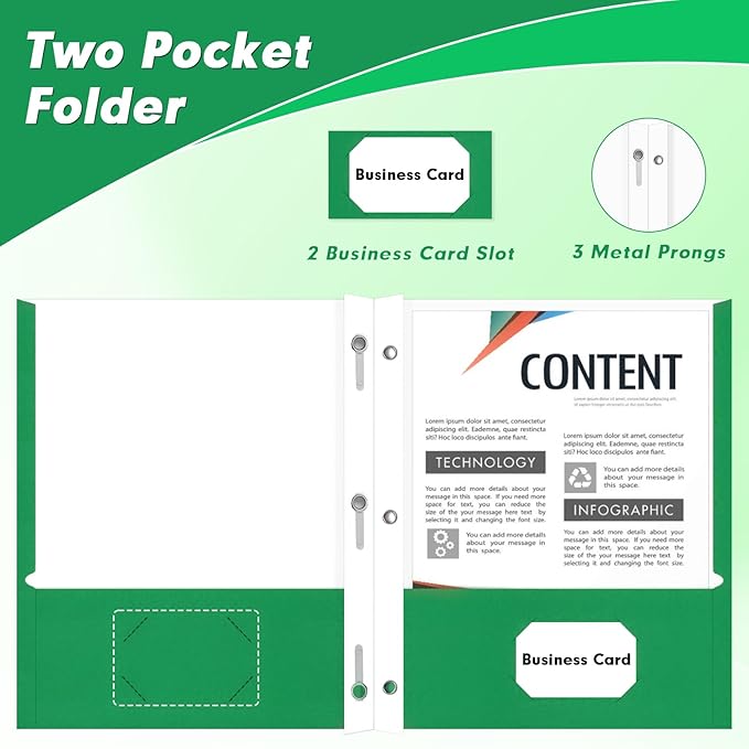 Two Pocket Folders, PANDRI 60 Pack Two Pocket Folders with Prongs, 3 Prong Folders Designed for Office and Classroom, Letter Size Green