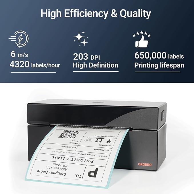 ORGBRO Z1 Shipping Label Printer, 4x6 Thermal Label Printer for Small Business, High Speed Sticker Maker for Commercial Grade Shipping Packages, Used for Amazon, Ebay, Shopify, USPS (USB Only)