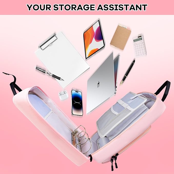 3 D-Ring Zipper Binder 2 Inch with Shoulder Strap, Waterproof Oxford Binder with Zipper Storage 500 Sheets Capacity, Multi-Pockets Organizer Bag for 13 Inch Laptop School& Office (Pink)