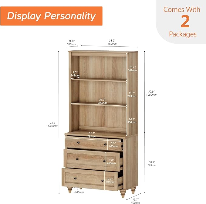 WAMPAT 3 Tier Bookshelf with 3 Drawers, 72" Tall Bookcase Large Farmhouse Display Book Case Shelf with 3-Tier Open Book Shelfs，Library Wood Bookshelves for Living Room,Kitchen, Oak